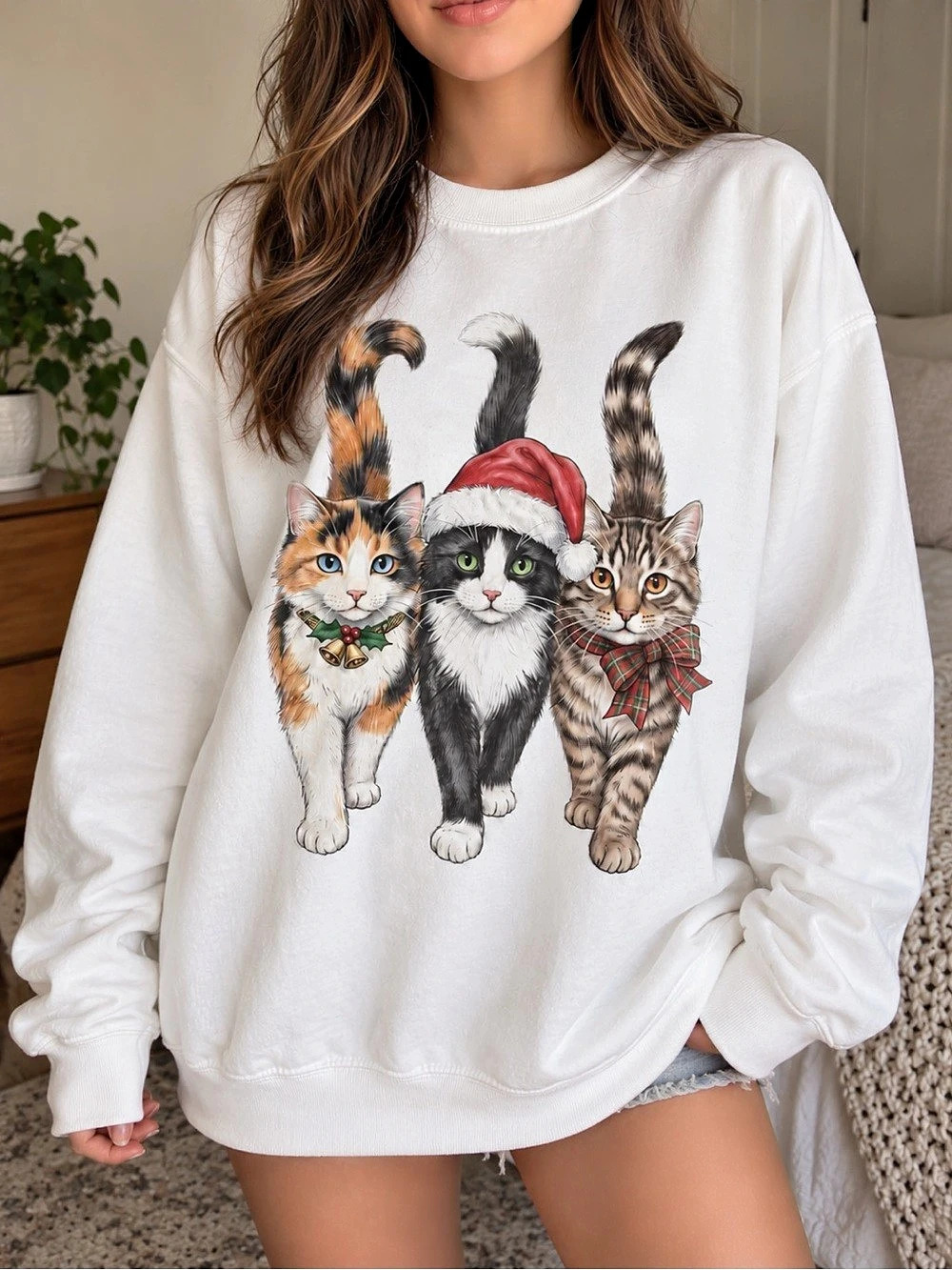 Christmas Cats Santa Hat Graphic Sweatshirt White Crewneck Holiday Pullover